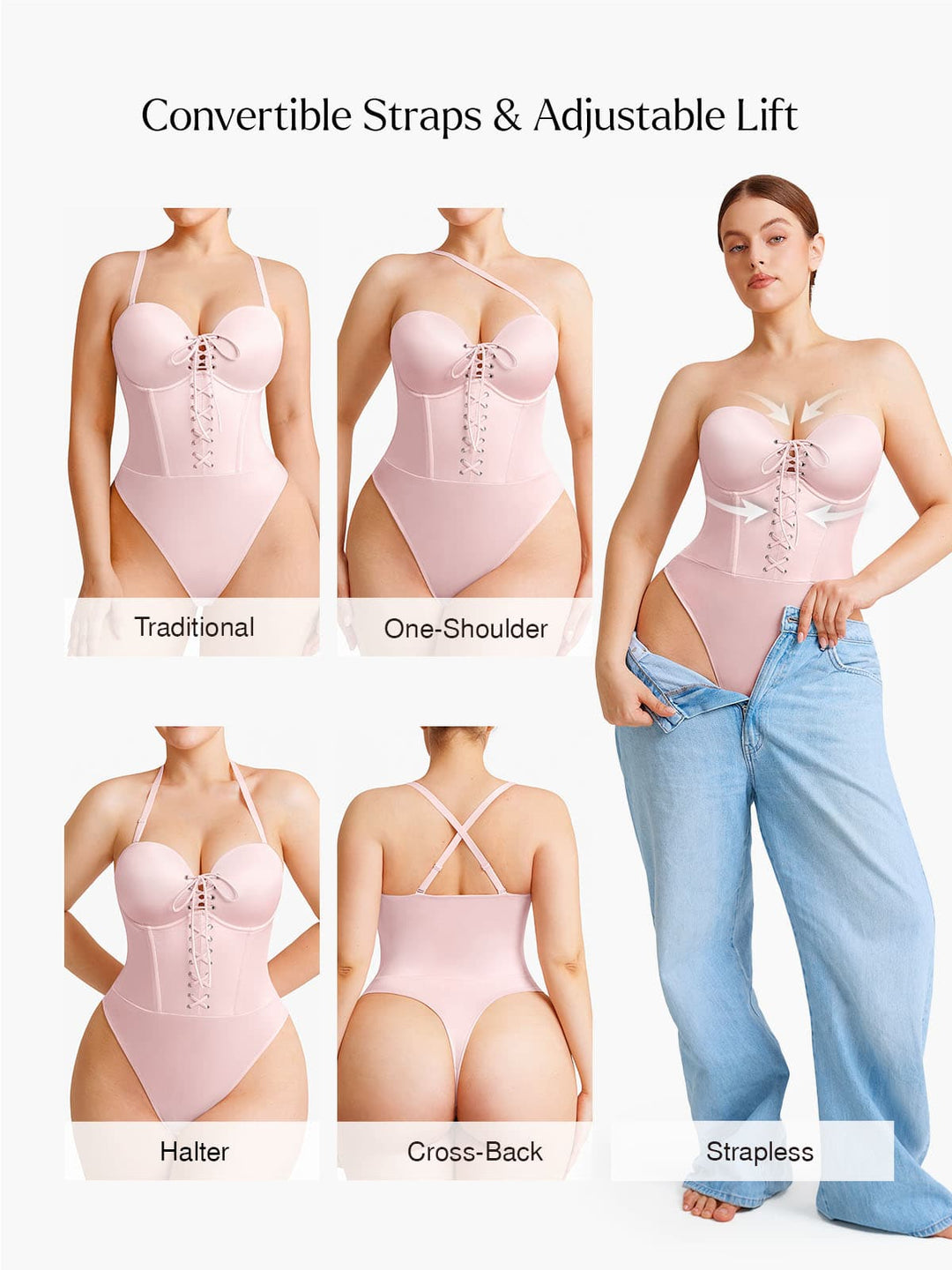 Popilush® Shapewear Lace-Up Corset Bodysuit with Removable Straps