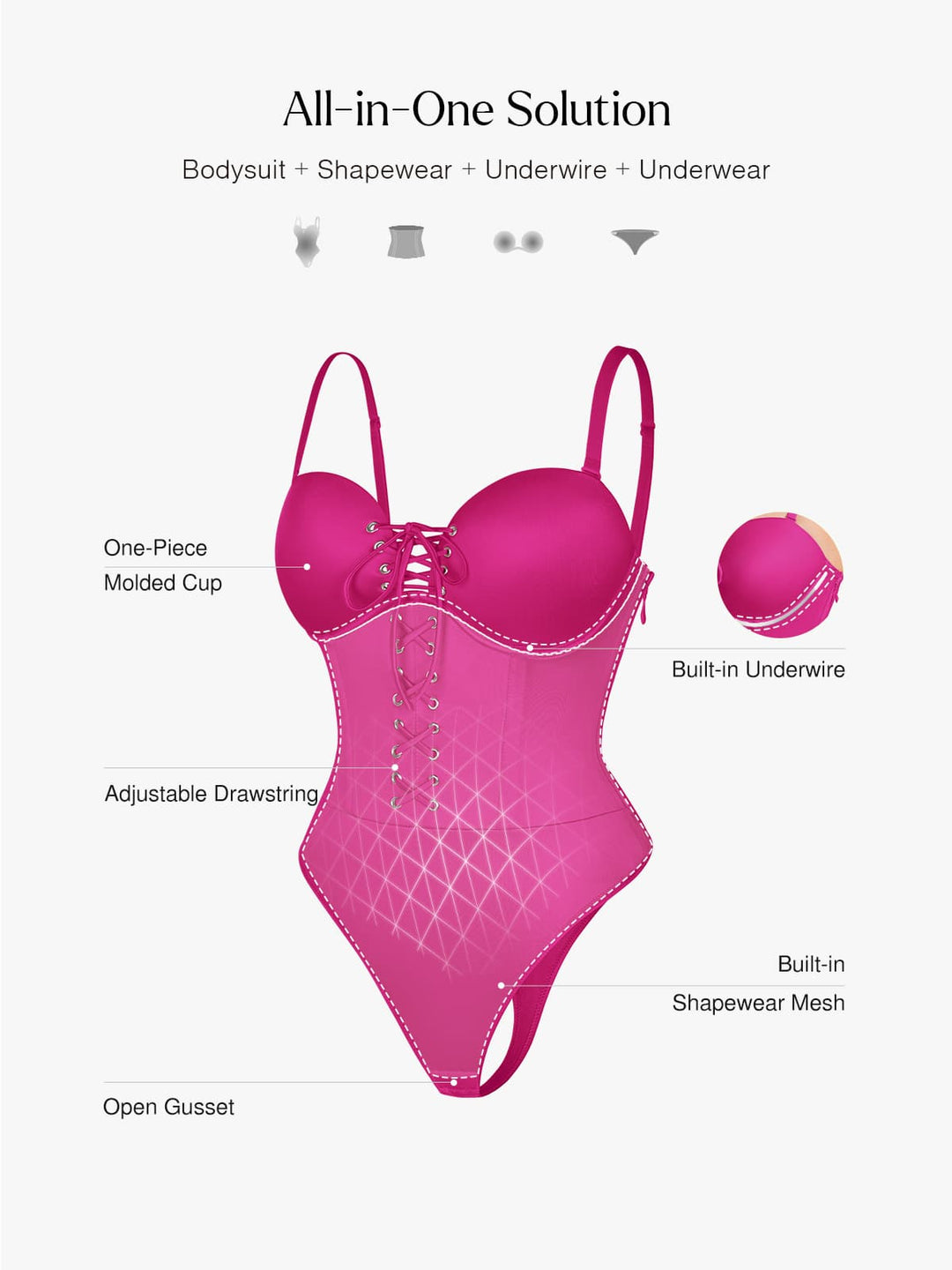 Popilush® Shapewear Lace-Up Corset Bodysuit with Removable Straps