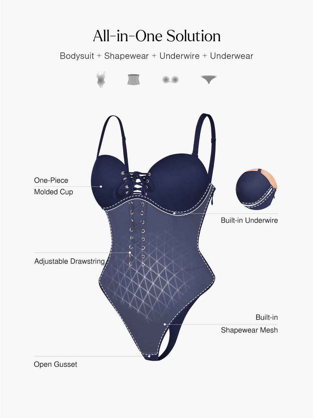 Popilush® Shapewear Lace-Up Corset Bodysuit with Removable Straps