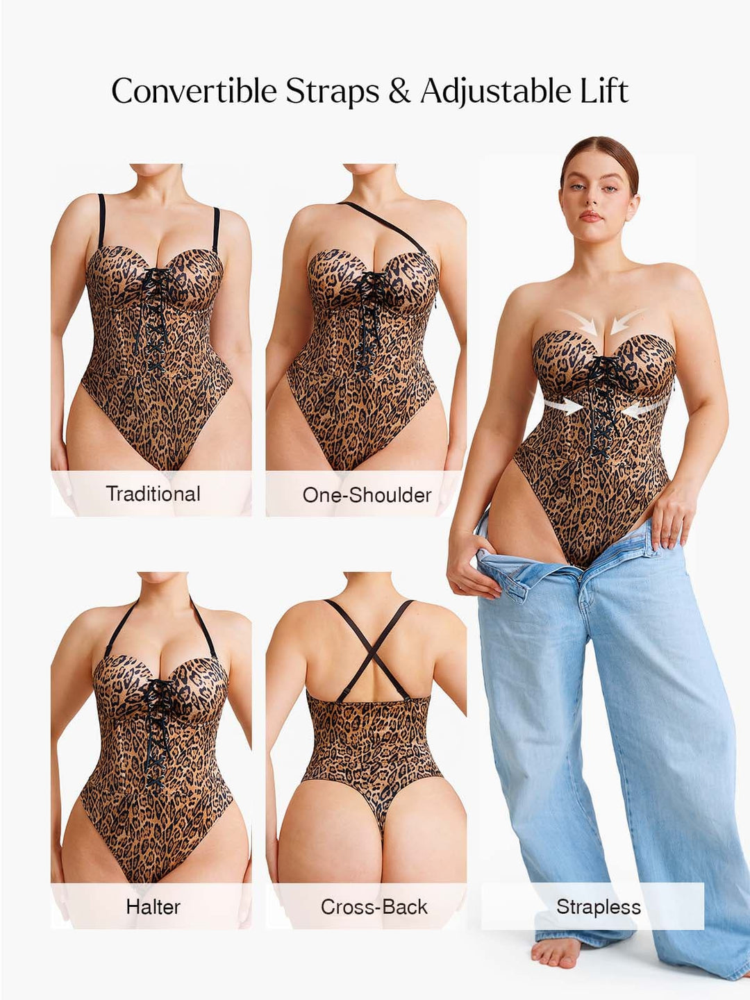 Popilush® Shapewear Lace-Up Corset Bodysuit with Removable Straps