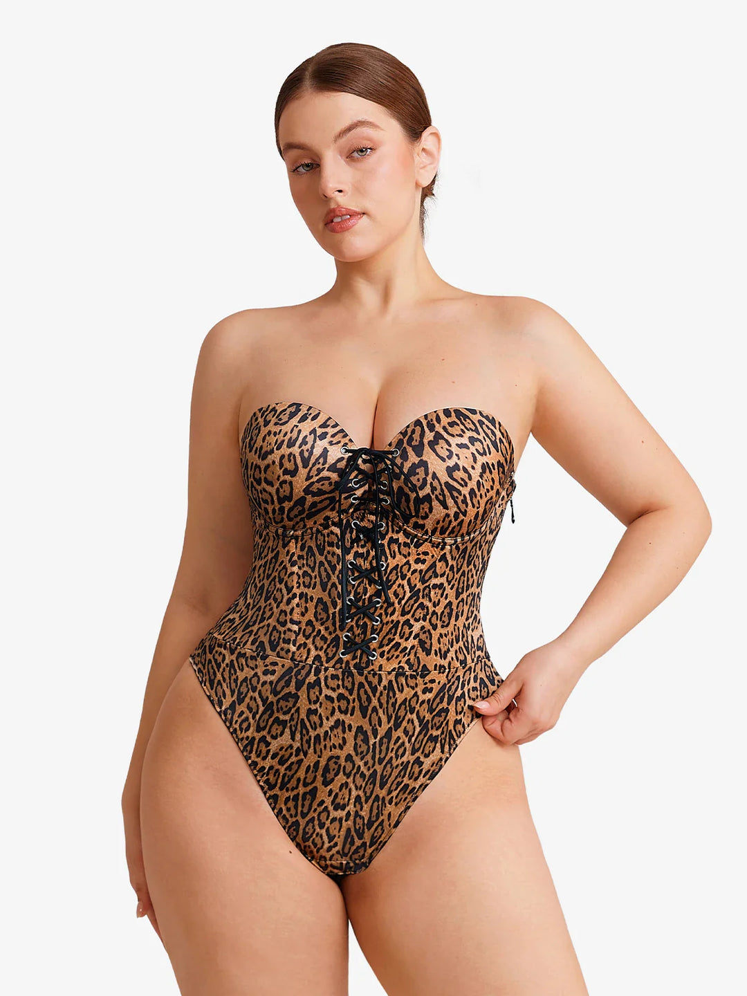Popilush® Shapewear Lace-Up Corset Bodysuit with Removable Straps