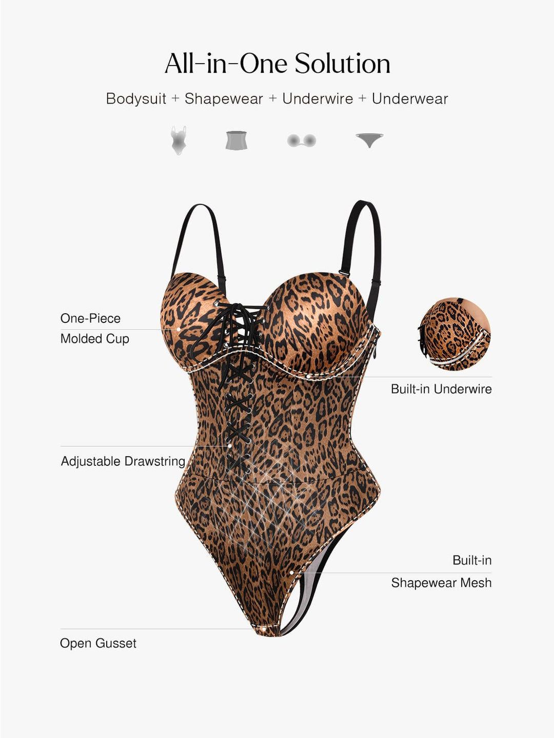 Popilush® Shapewear Lace-Up Corset Bodysuit with Removable Straps