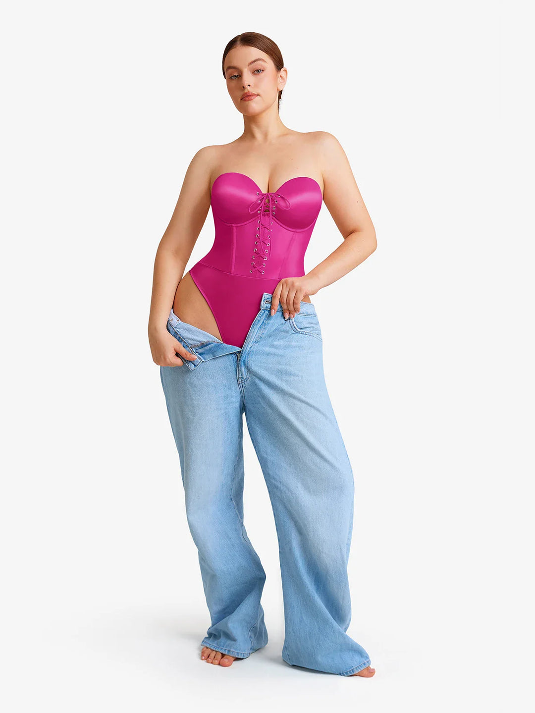 Popilush® Shapewear Lace-Up Corset Bodysuit with Removable Straps