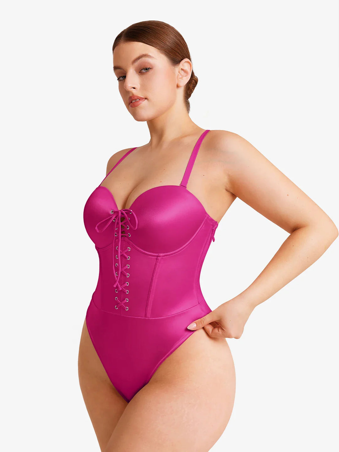 Popilush® Shapewear Lace-Up Corset Bodysuit with Removable Straps