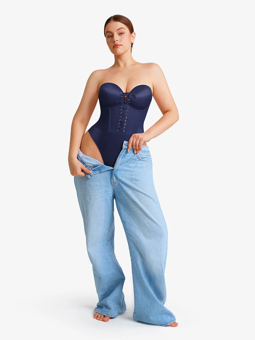 Popilush® Shapewear Lace-Up Corset Bodysuit with Removable Straps
