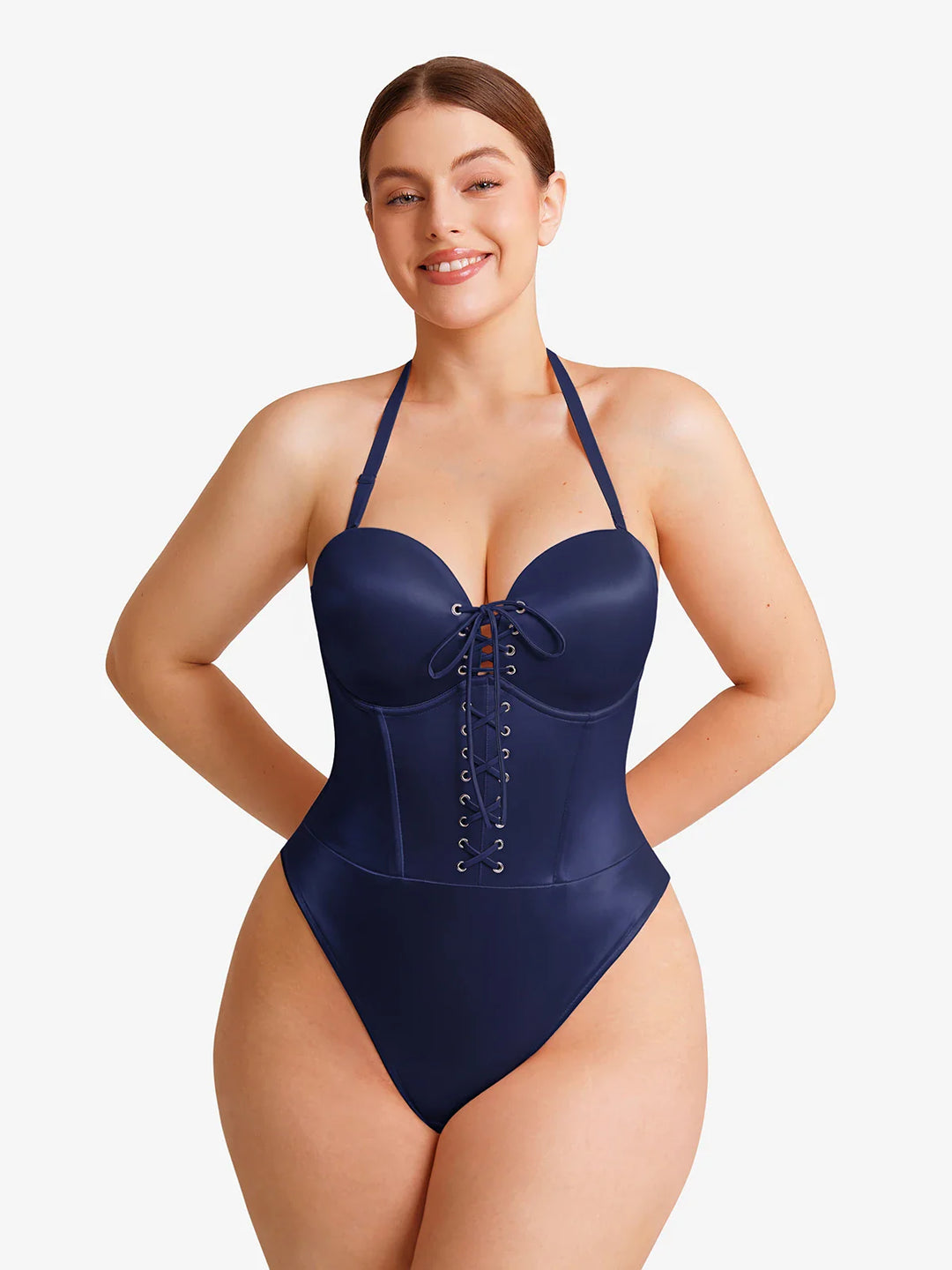 Popilush® Shapewear Lace-Up Corset Bodysuit with Removable Straps