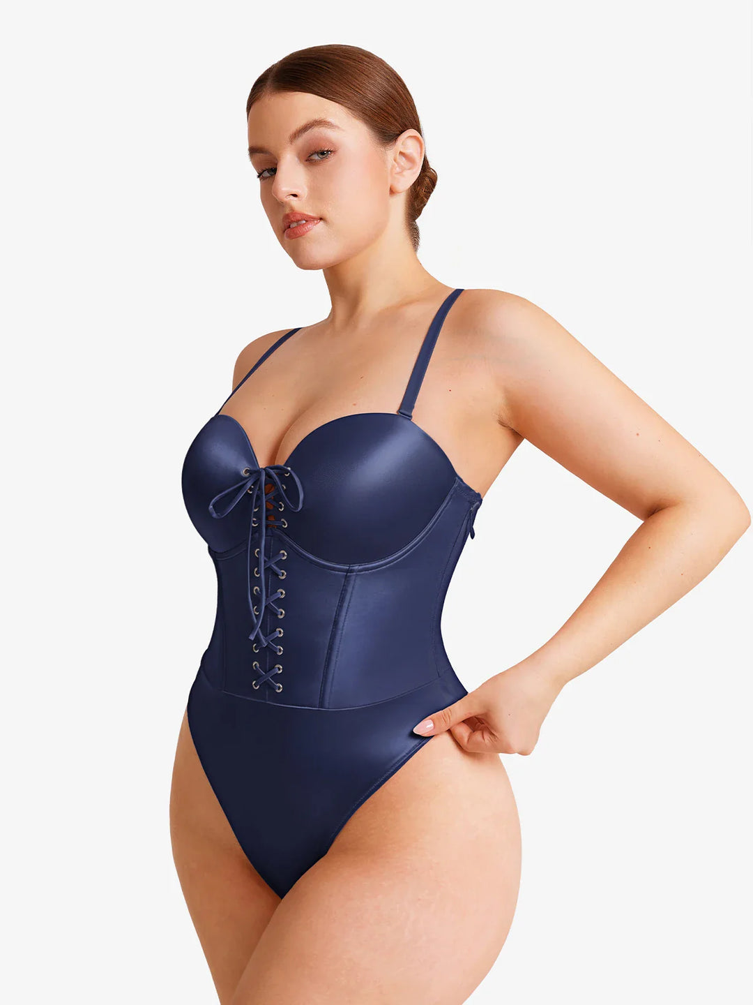 Popilush® Shapewear Lace-Up Corset Bodysuit with Removable Straps