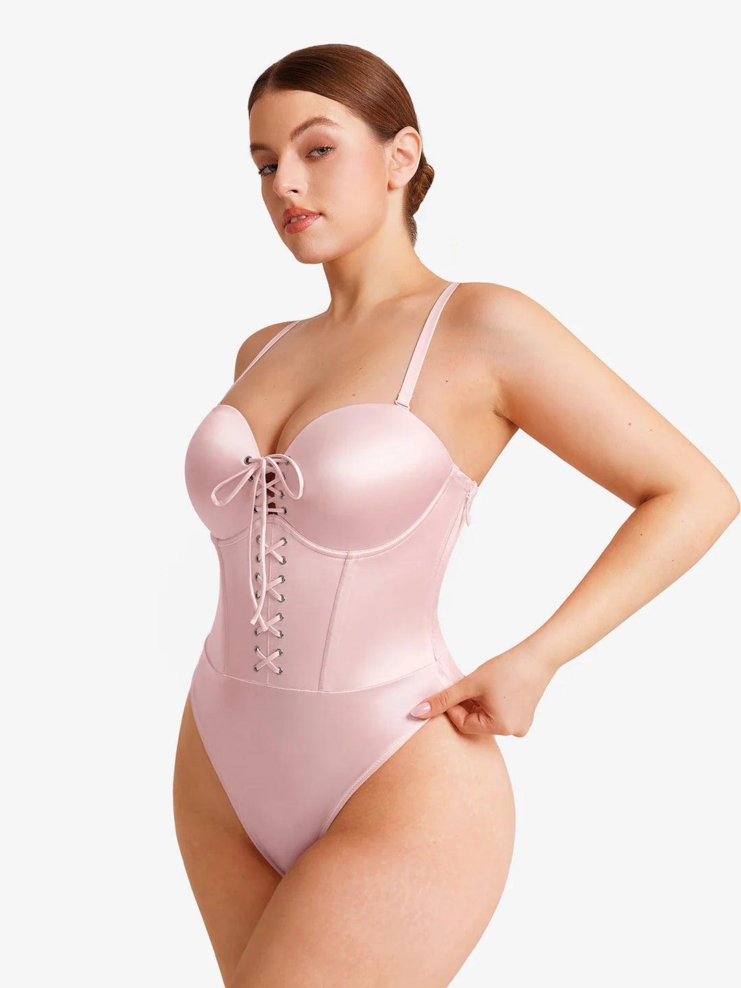 Popilush® Shapewear Lace-Up Corset Bodysuit with Removable Straps
