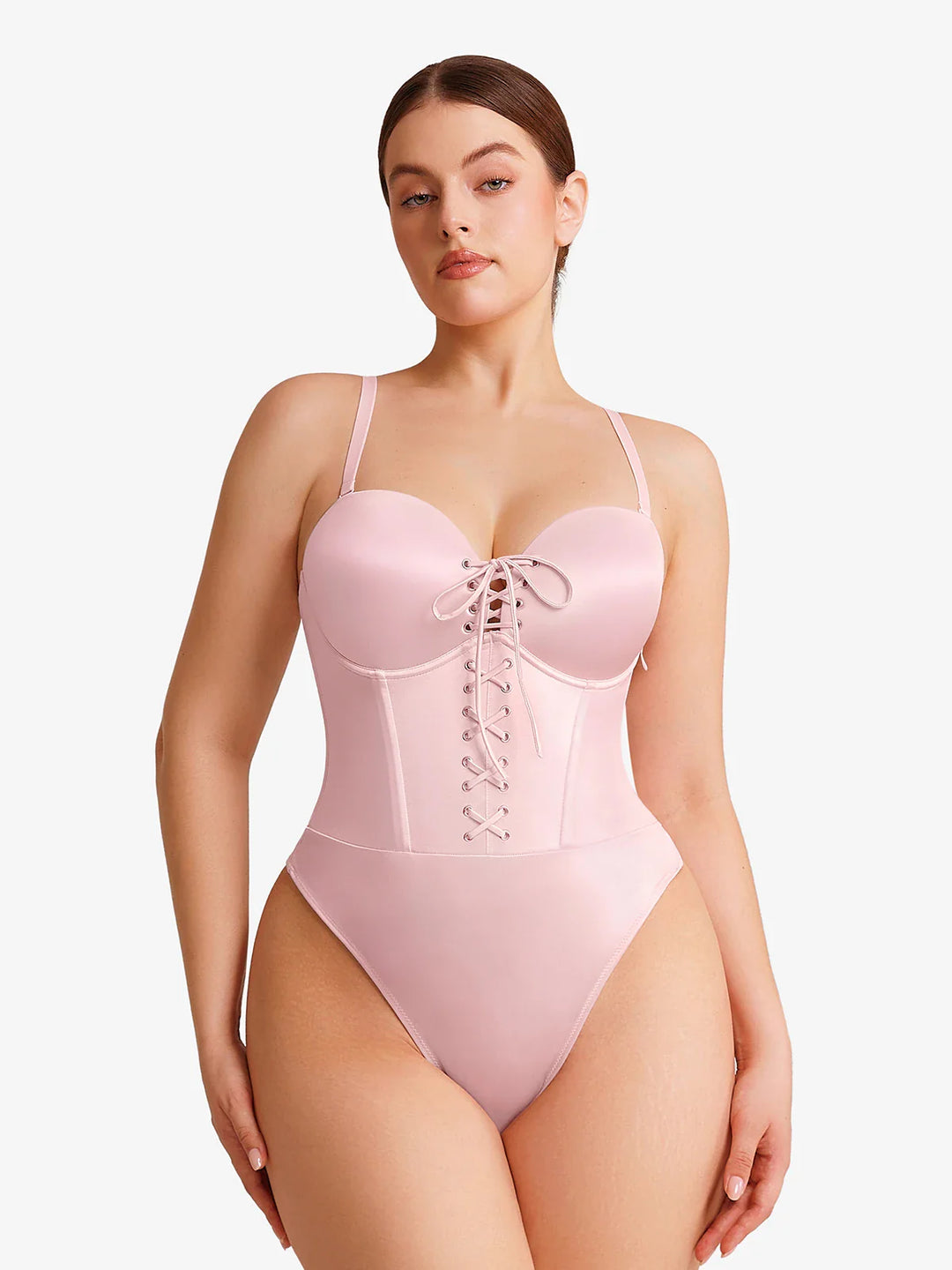 Popilush® Shapewear Lace-Up Corset Bodysuit with Removable Straps