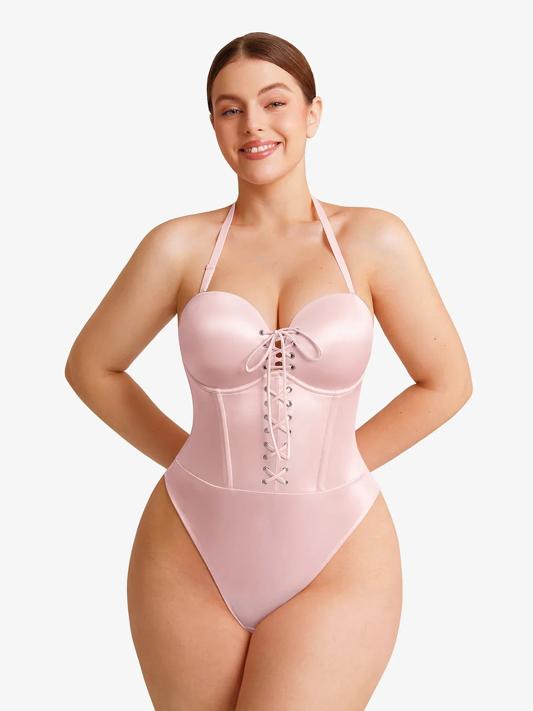 Popilush® Shapewear Lace-Up Corset Bodysuit with Removable Straps