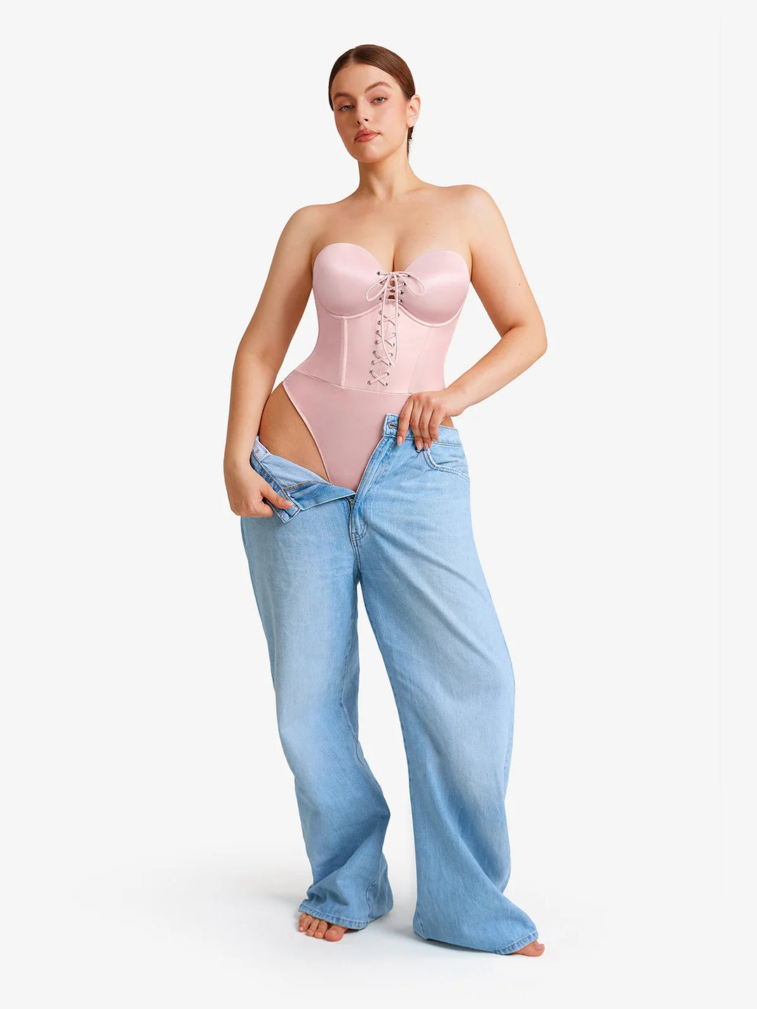Popilush® Shapewear Lace-Up Corset Bodysuit with Removable Straps