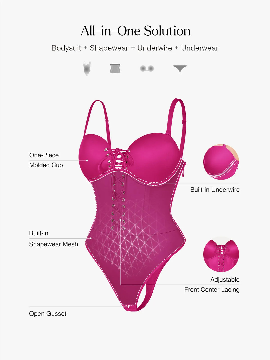 Popilush® Shapewear Lace-Up Corset Bodysuit with Removable Straps