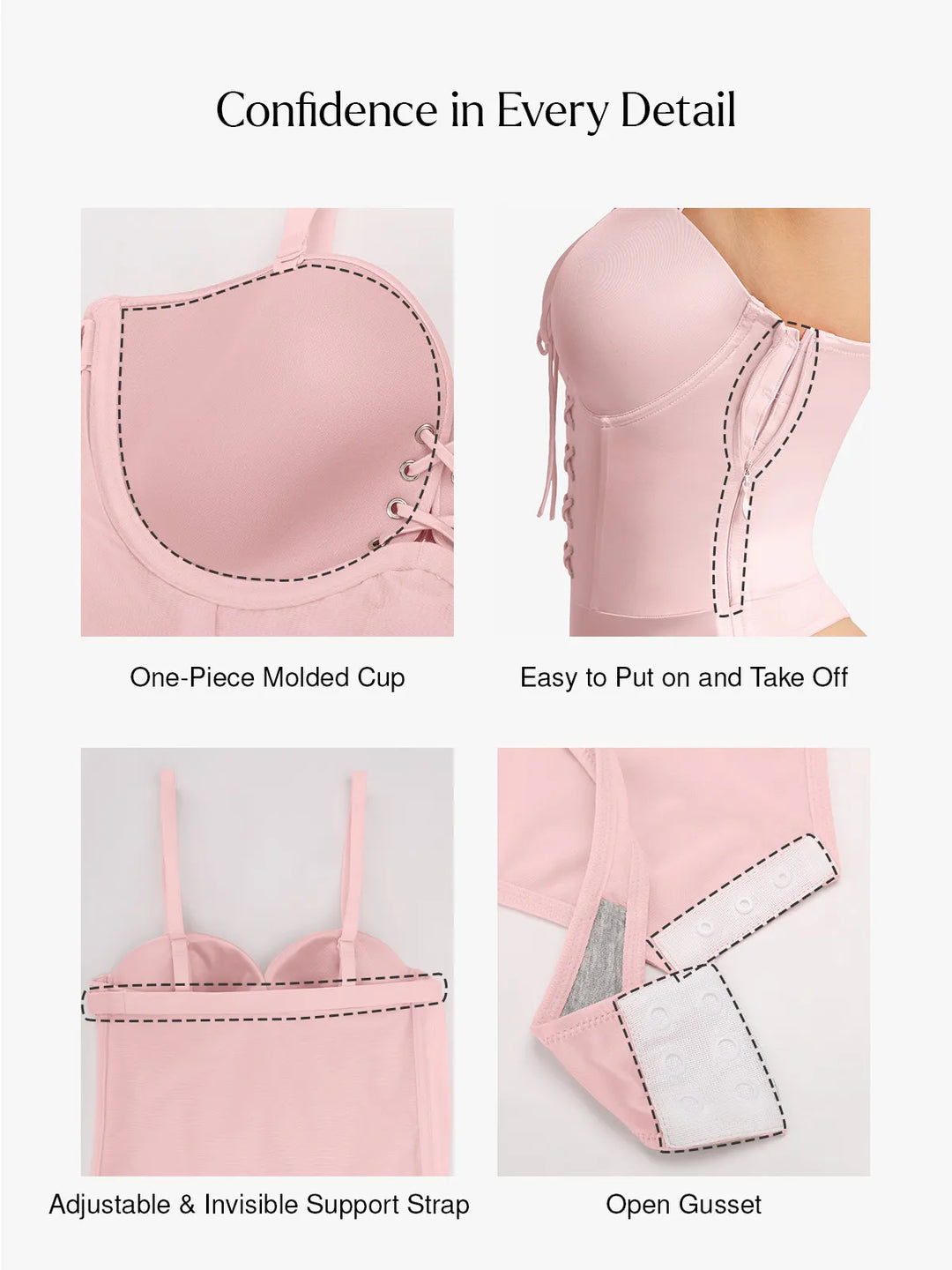 Popilush® Shapewear Lace-Up Corset Bodysuit with Removable Straps