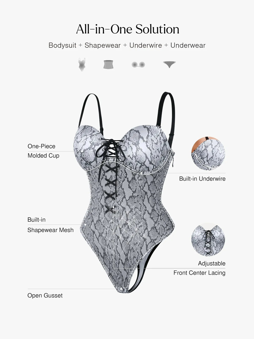 Popilush® Shapewear Lace-Up Corset Bodysuit with Removable Straps