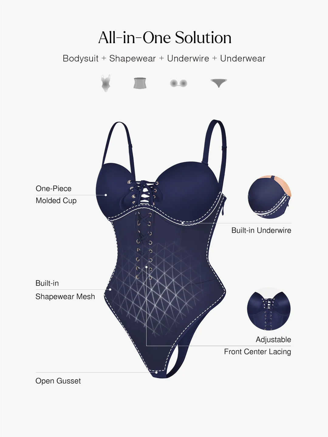 Popilush® Shapewear Lace-Up Corset Bodysuit with Removable Straps