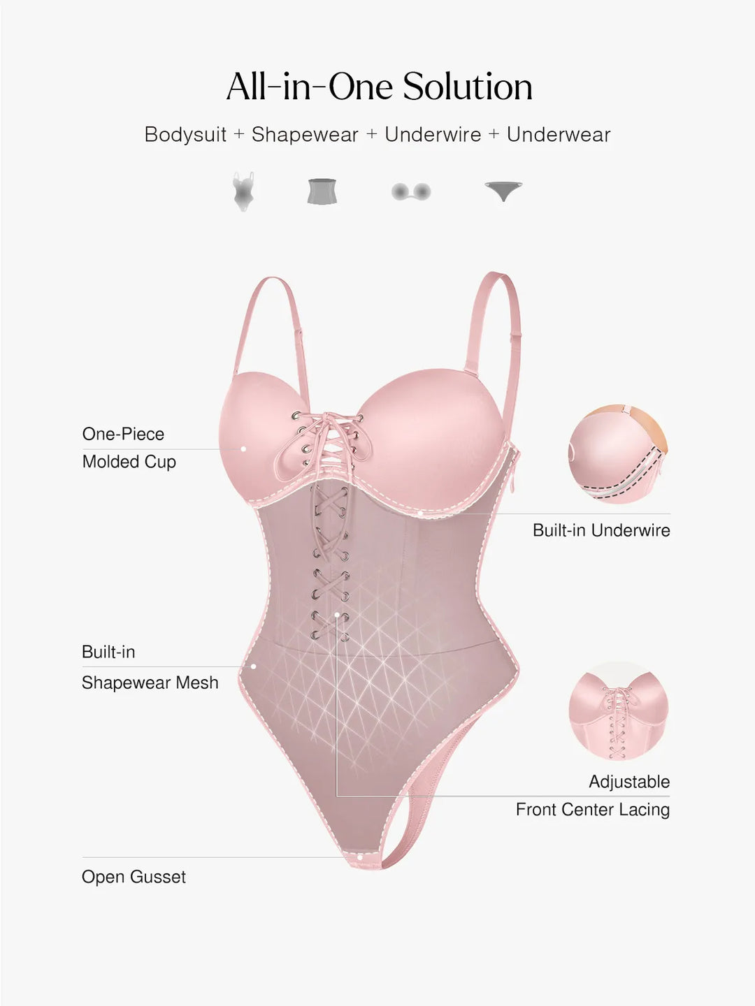 Popilush® Shapewear Lace-Up Corset Bodysuit with Removable Straps