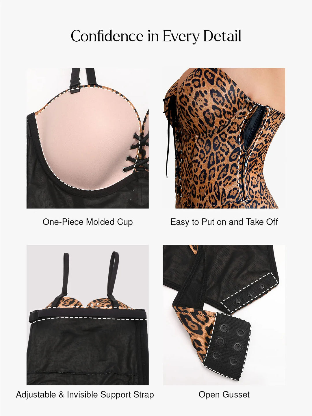 Popilush® Shapewear Lace-Up Corset Bodysuit with Removable Straps