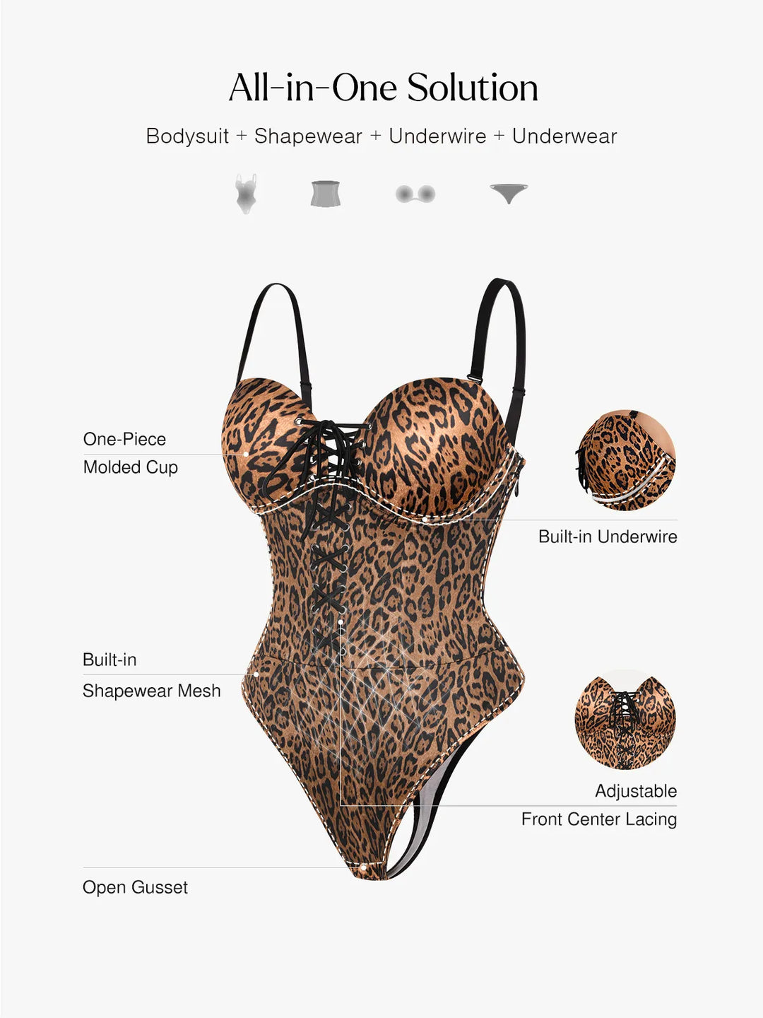 Popilush® Shapewear Lace-Up Corset Bodysuit with Removable Straps