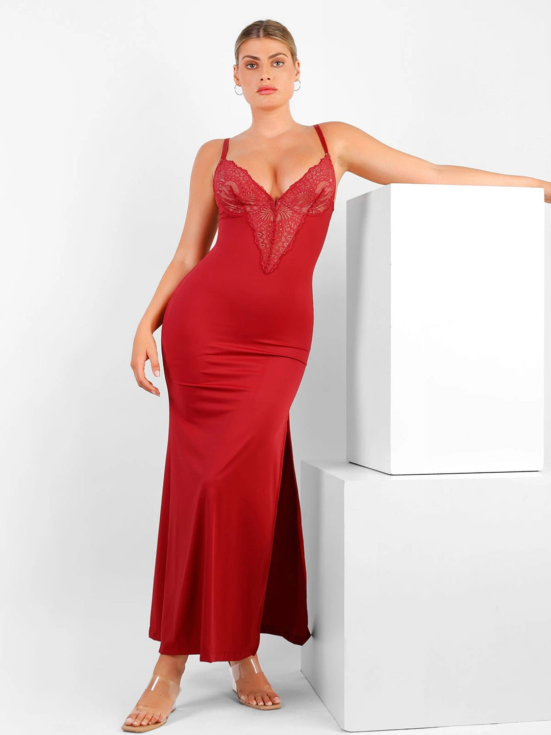 Lace V-Neck Slimming Maxi Dress | Built-In Shapewear - Popilush Lace V-Neck Slimming Maxi Dress | Built-In Shapewear - Popilush