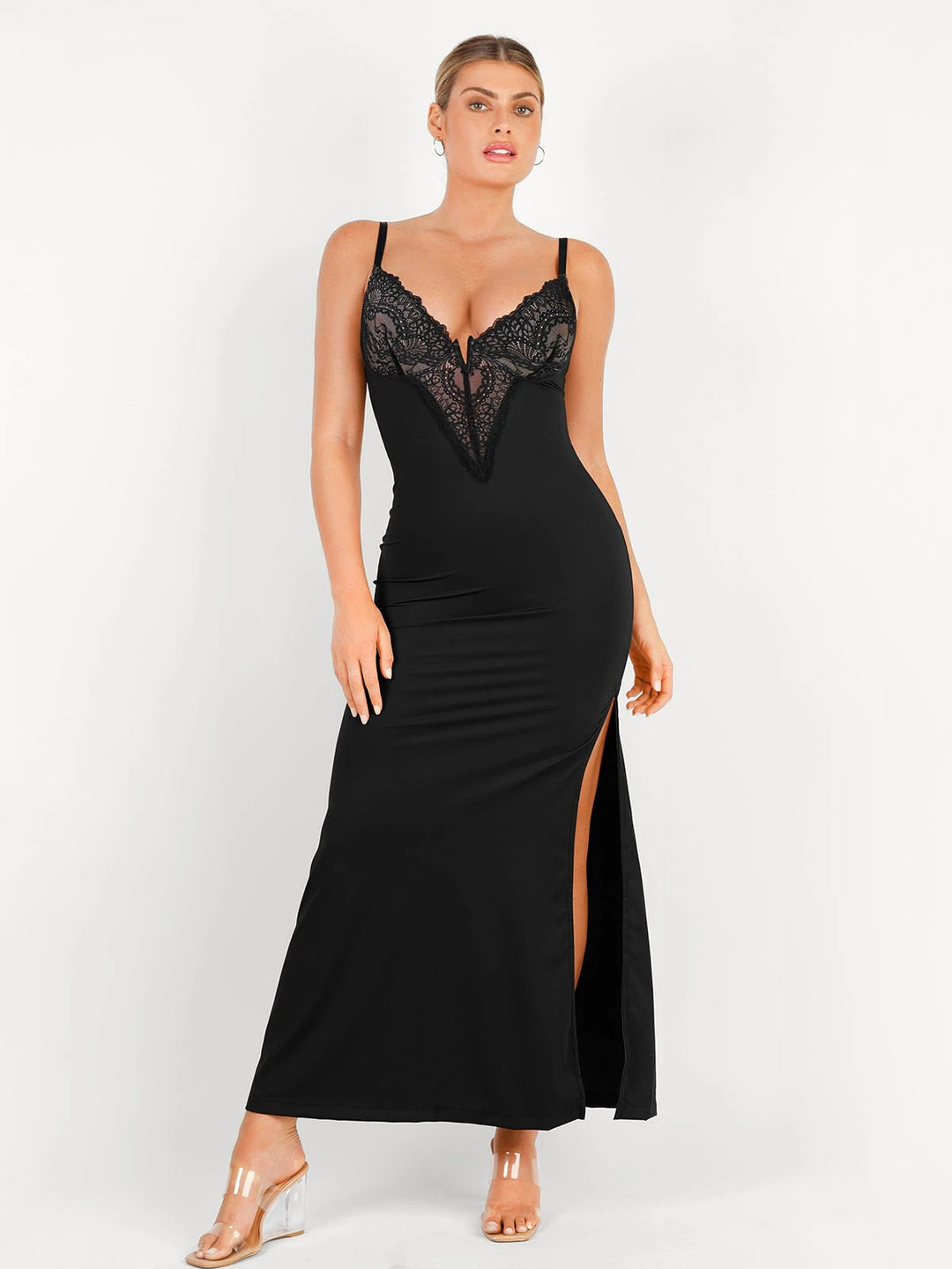 Popilush® Party Bodycon Summer Dress Black / S Shapewear Lace V Neck Side Slit Slimming Maxi Slip Dress