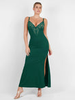 Green slimming shapewear lace V-neck maxi slip dress with side slit.