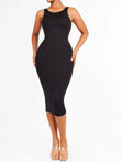 Black seamless midi dress with a large U-back and sculpting waist