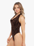 Popilush® Shapewear Leopard Cowl Neck Halter Tummy Control Bodysuit