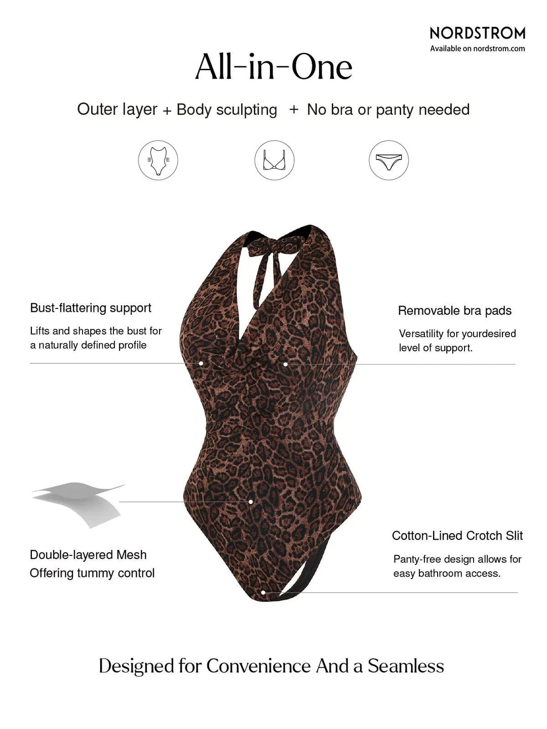 Popilush® Shapewear Leopard Cowl Neck Halter Tummy Control Bodysuit