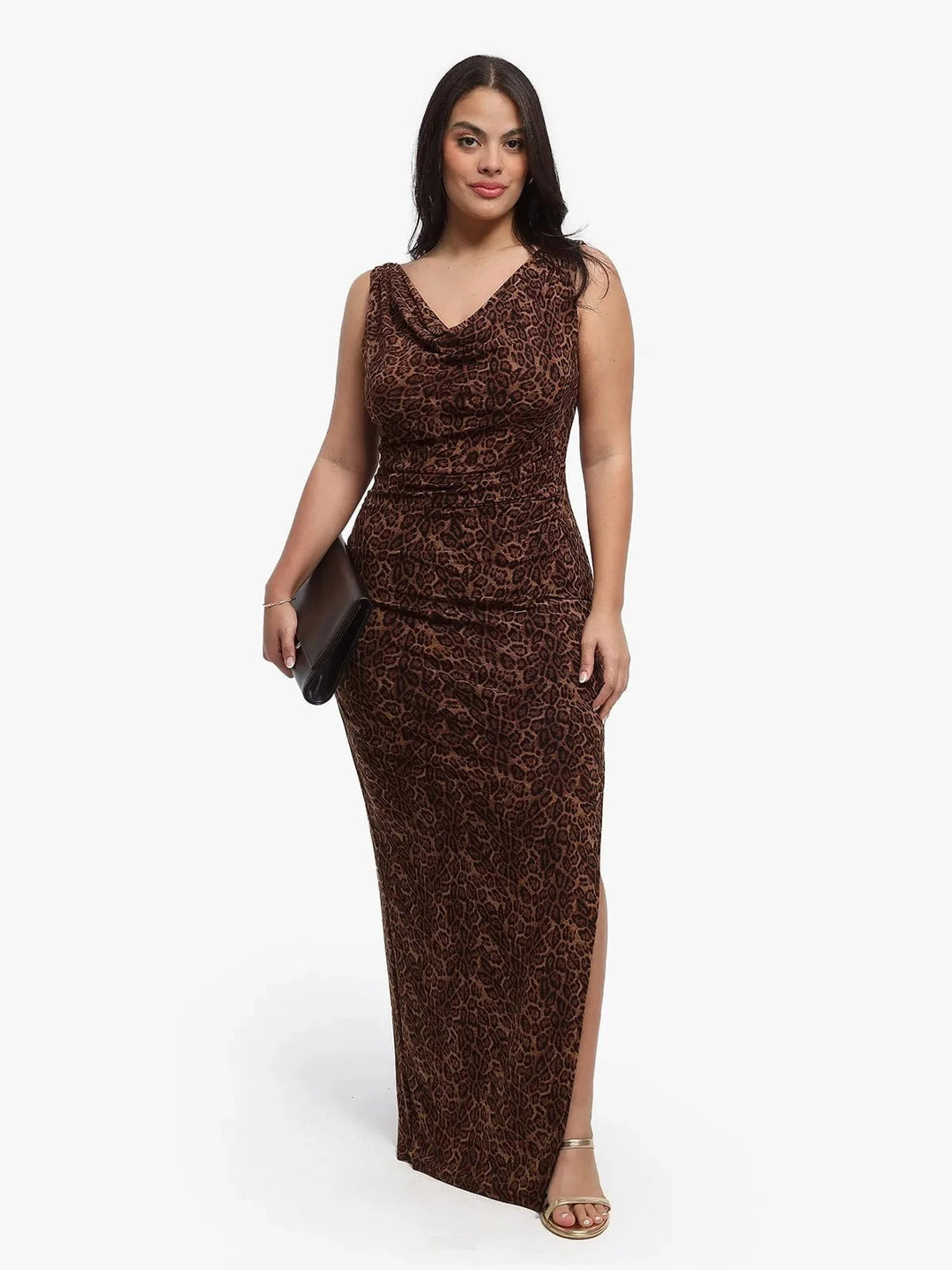 Popilush® Shapewear Leopard Cowl Neck Ruched Sculpting Maxi Dress