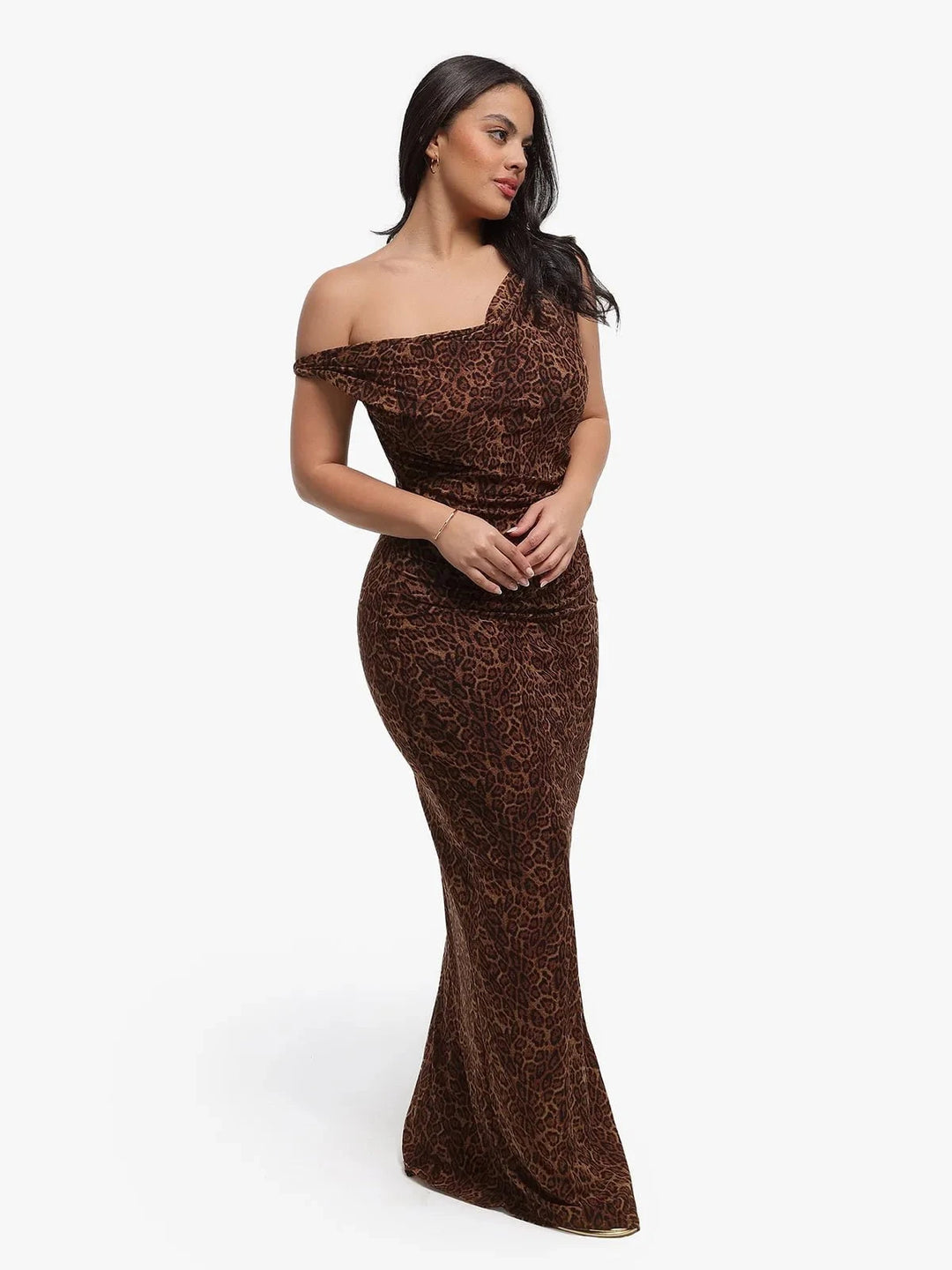Popilush® Shapewear Leopard Cowl Neck Ruched Sculpting Maxi Dress