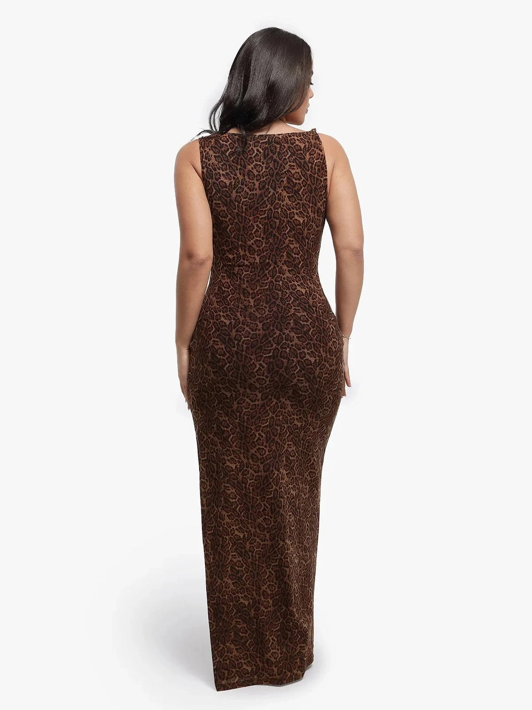 Popilush® Shapewear Leopard Cowl Neck Ruched Sculpting Maxi Dress