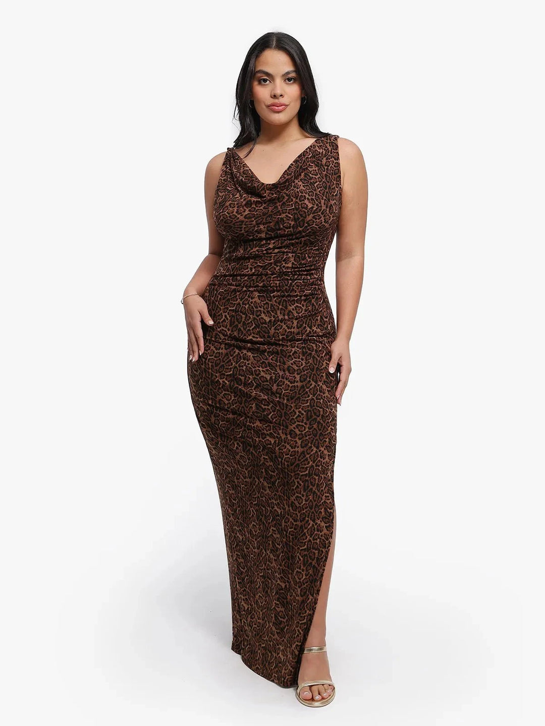 Leopard Cowl Neck Ruched Sculpting Maxi Dress