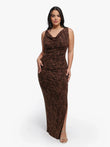 Shapewear leopard print sculpting maxi dress with cowl neck and ruched waist.