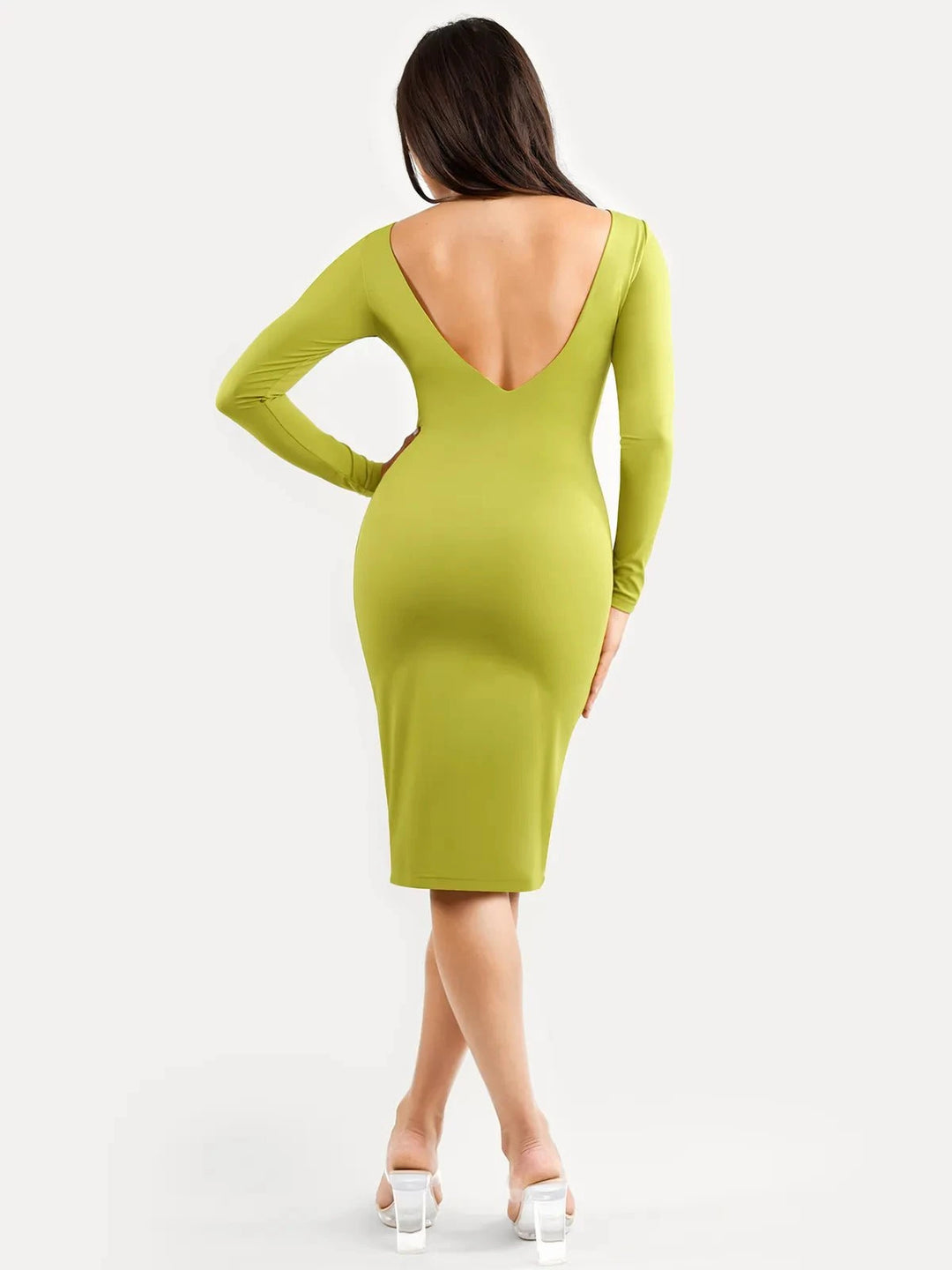 Popilush® Low Back Formal Bodycon Party Winter Gown Shapewear Long Sleeve Boat Neck Sculpting Midi Dress
