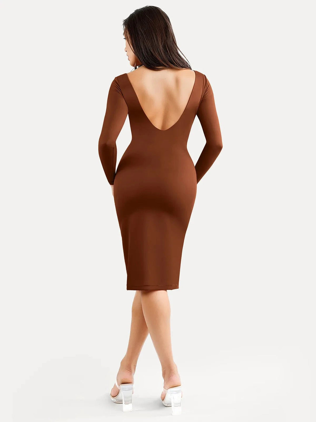 Popilush® Low Back Formal Bodycon Party Winter Gown Shapewear Long Sleeve Boat Neck Sculpting Midi Dress