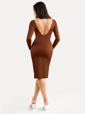 Popilush® Low Back Formal Bodycon Party Winter Gown Shapewear Long Sleeve Boat Neck Sculpting Midi Dress