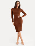 Popilush® Low Back Formal Bodycon Party Winter Gown Shapewear Long Sleeve Boat Neck Sculpting Midi Dress