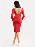 Popilush® Low Back Formal Bodycon Party Winter Gown Shapewear Long Sleeve Boat Neck Sculpting Midi Dress