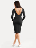 Popilush® Low Back Formal Bodycon Party Winter Gown Shapewear Long Sleeve Boat Neck Sculpting Midi Dress