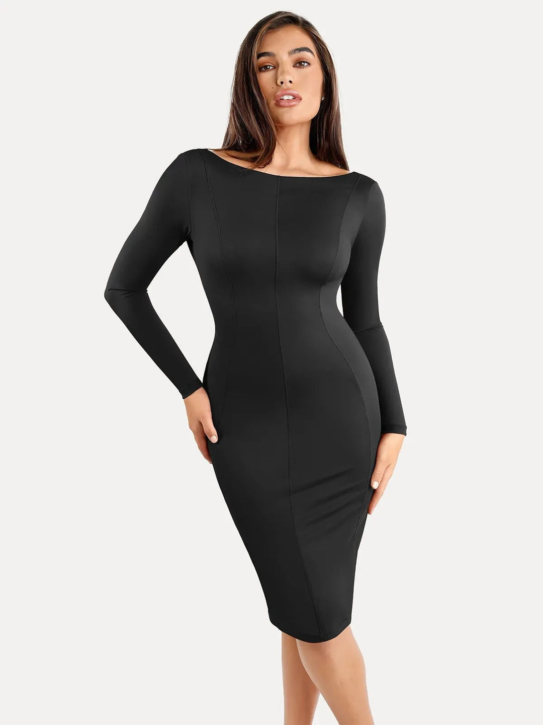 Popilush® Low Back Formal Bodycon Party Winter Gown Black / S Shapewear Long Sleeve Boat Neck Sculpting Midi Dress