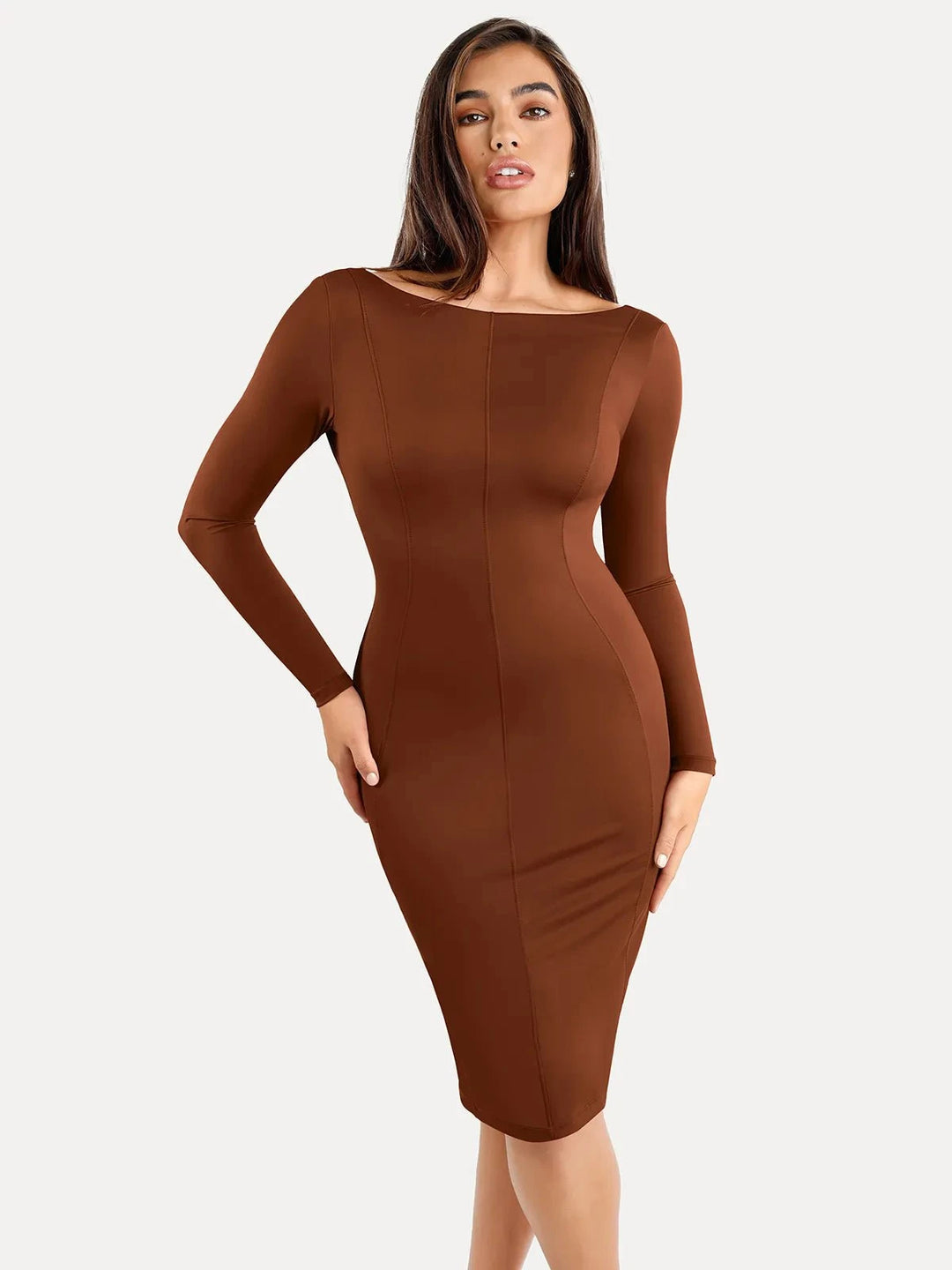 Popilush® Low Back Formal Bodycon Party Winter Gown Brown / S Shapewear Long Sleeve Boat Neck Sculpting Midi Dress