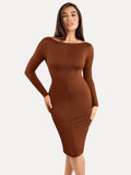 Popilush® Low Back Formal Bodycon Party Winter Gown Brown / S Shapewear Long Sleeve Boat Neck Sculpting Midi Dress
