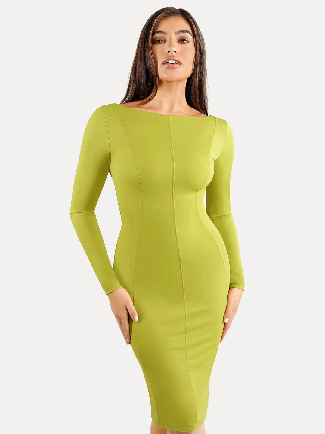 Popilush® Low Back Formal Bodycon Party Winter Gown Green / S Shapewear Long Sleeve Boat Neck Sculpting Midi Dress