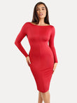 Red long sleeve boat neck midi dress with integrated shapewear and sculpting details.