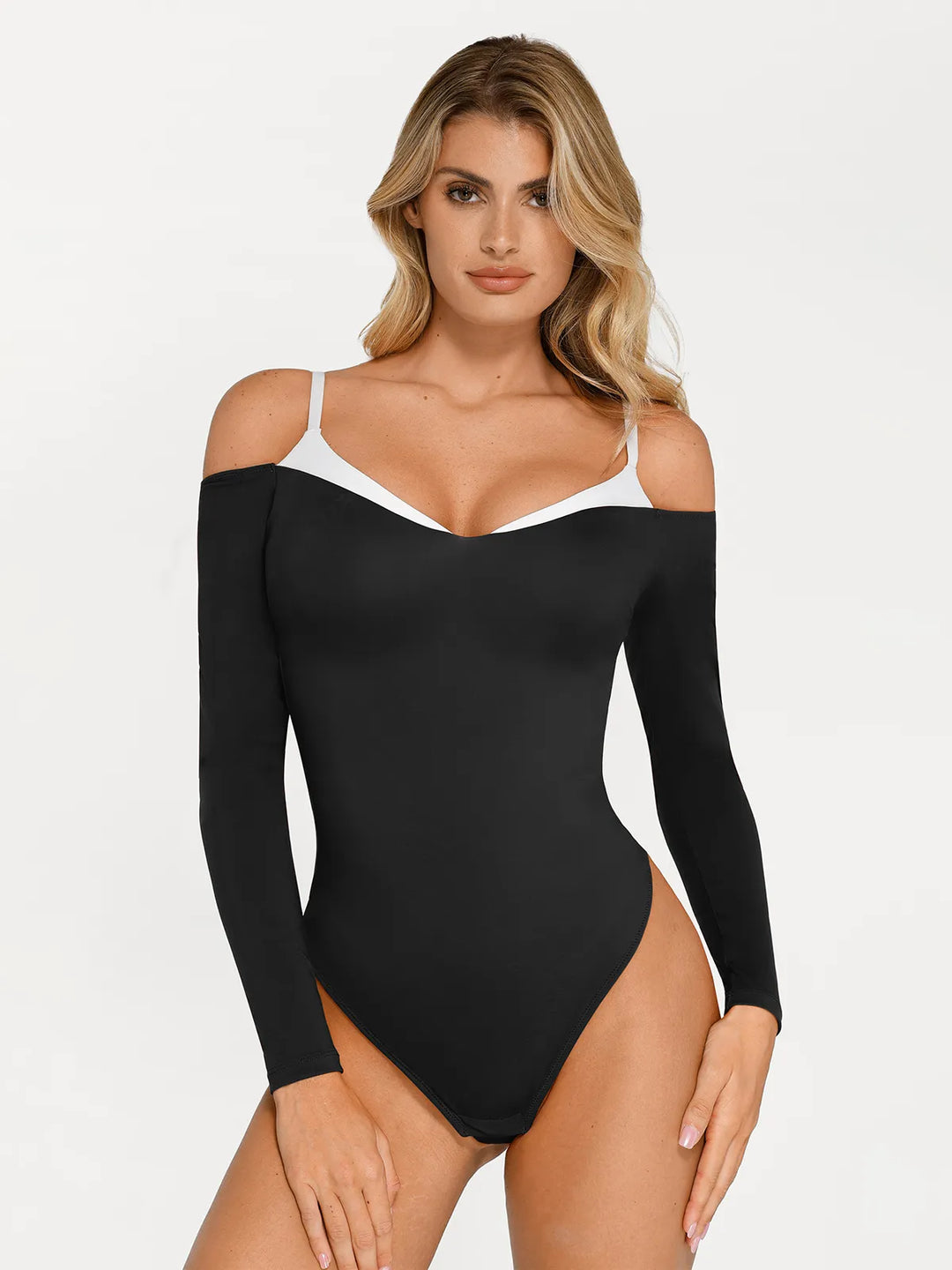 Popilush® Tops Body Shaper Contrast Trim Winter Shapewear Long Sleeve Cold Shoulder Tummy Control Bodysuit