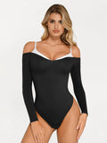 Popilush® Tops Body Shaper Contrast Trim Winter Shapewear Long Sleeve Cold Shoulder Tummy Control Bodysuit