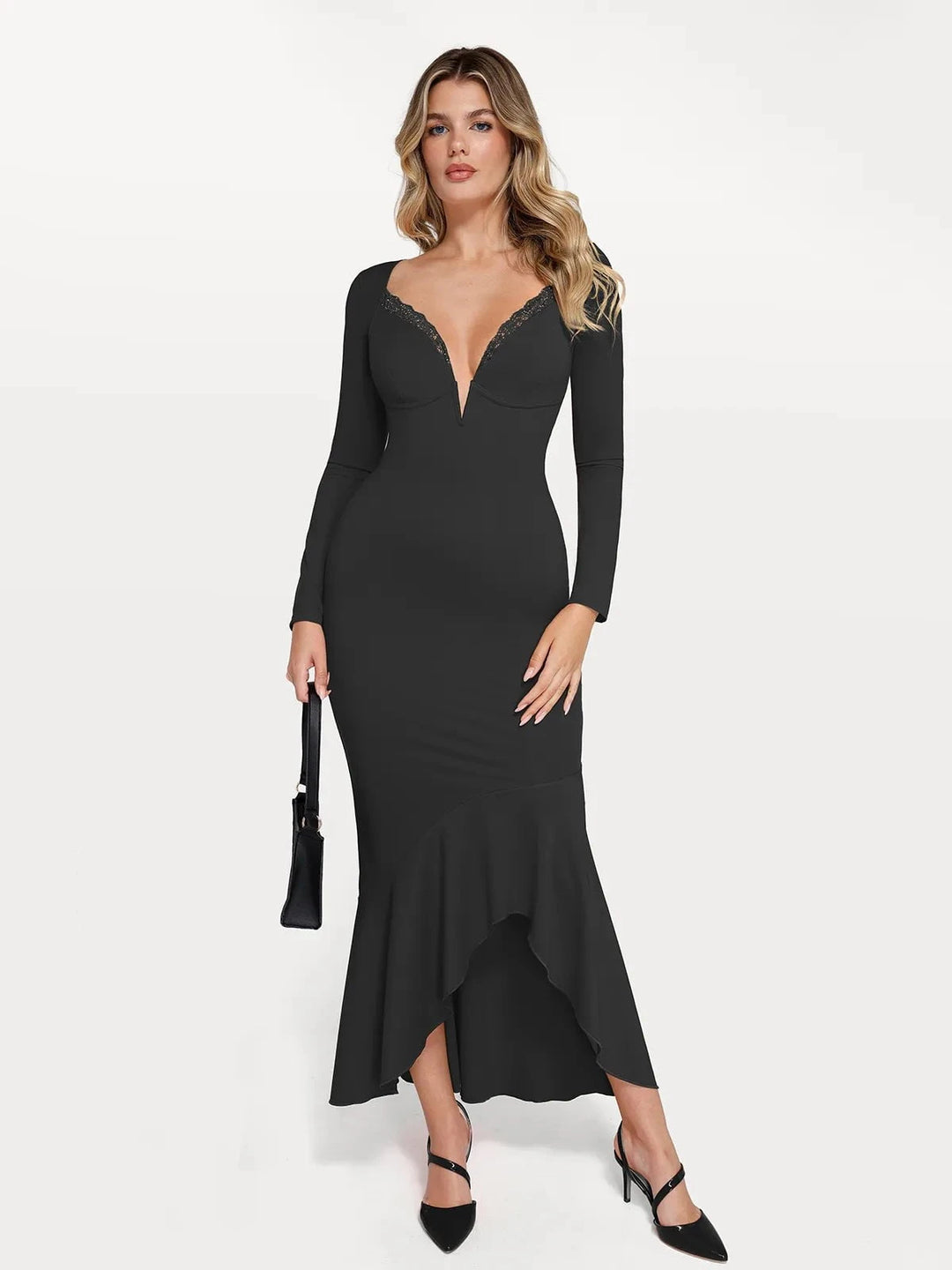 Popilush® Sculpting Formal Party Bodycon Winter Cocktail Gown Shapewear Long Sleeve Lace Trim Sculpting Mermaid Maxi Dress