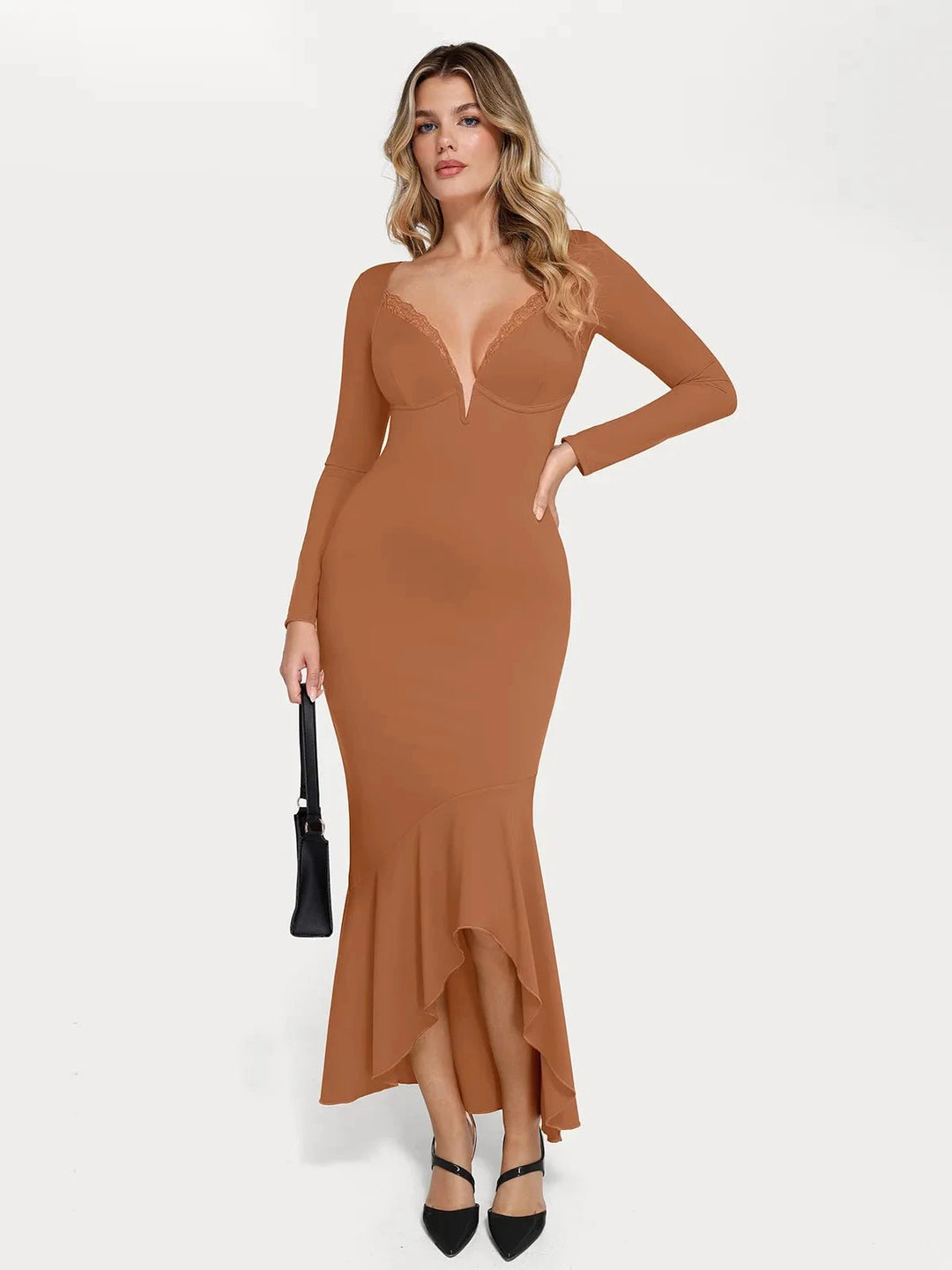Popilush® Sculpting Formal Party Bodycon Winter Cocktail Gown Shapewear Long Sleeve Lace Trim Sculpting Mermaid Maxi Dress