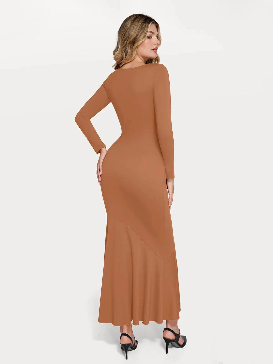 Popilush® Sculpting Formal Party Bodycon Winter Cocktail Gown Shapewear Long Sleeve Lace Trim Sculpting Mermaid Maxi Dress