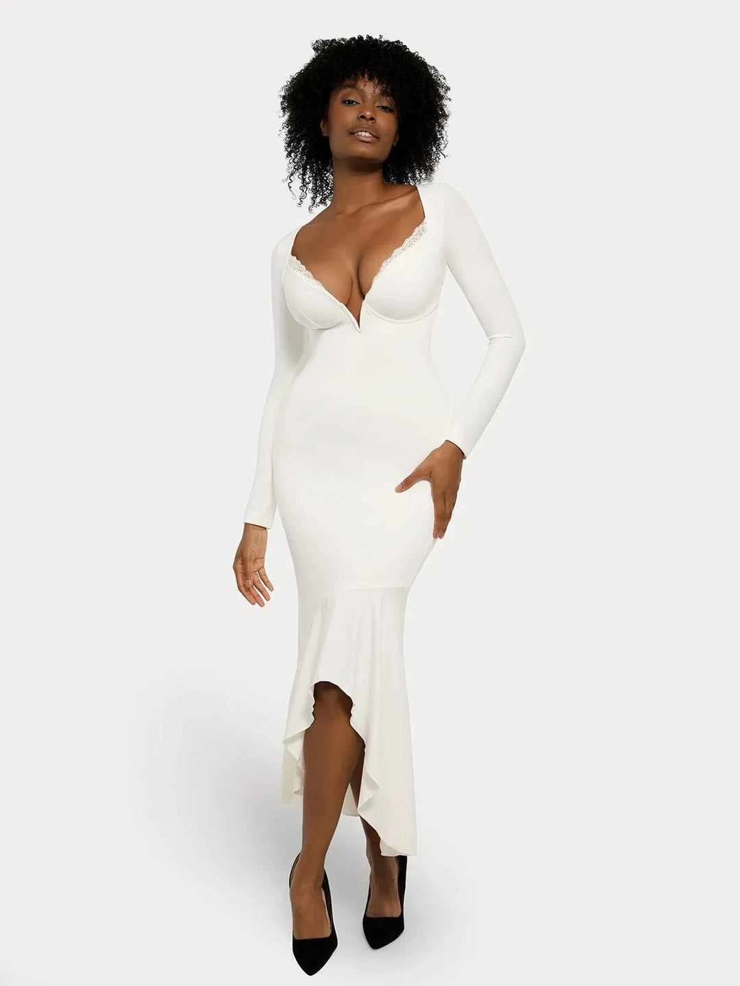 Popilush® Sculpting Formal Party Bodycon Winter Cocktail Gown Shapewear Long Sleeve Lace Trim Sculpting Mermaid Maxi Dress